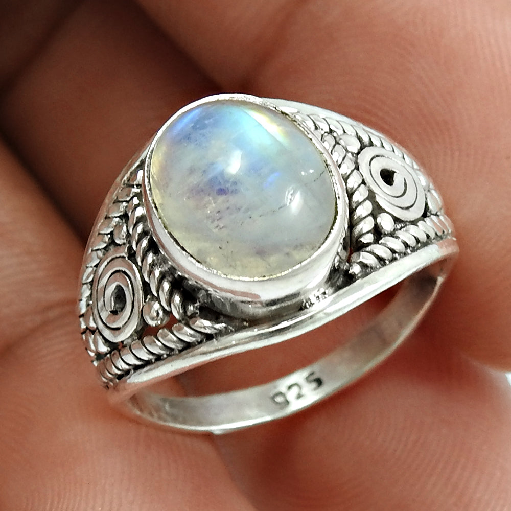 Sterling Silver Natural Rainbow Moonstone Statement Vintage New Boho Ring