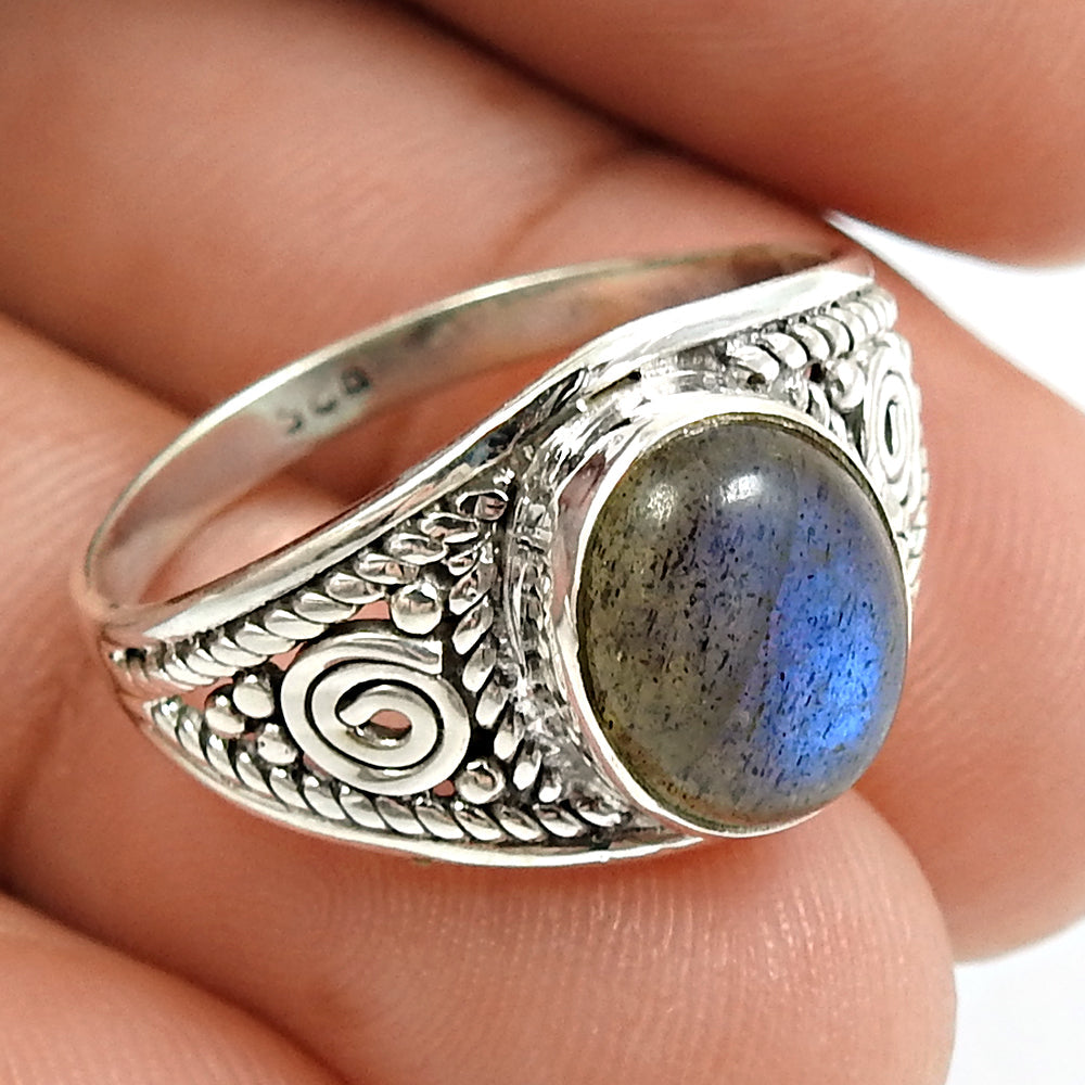 Natural Labradorite Gemstone 925 Silver Solitaire Boho Ring For Women X33