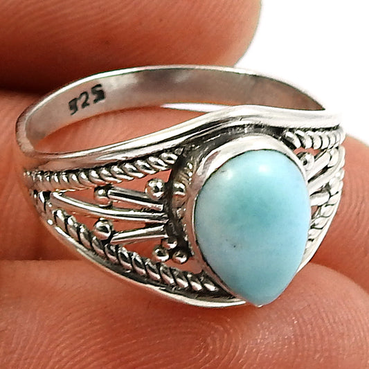 925 Silver Natural Blue Ocean Larimar Gemstone Gorgeous Cocktail Ring M6