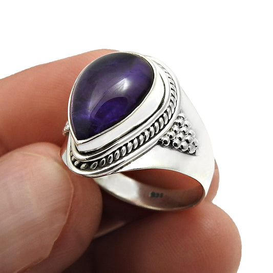 Gift For Woman Natural Amethyst Solitaire Tribal Ring 925 Silver M13