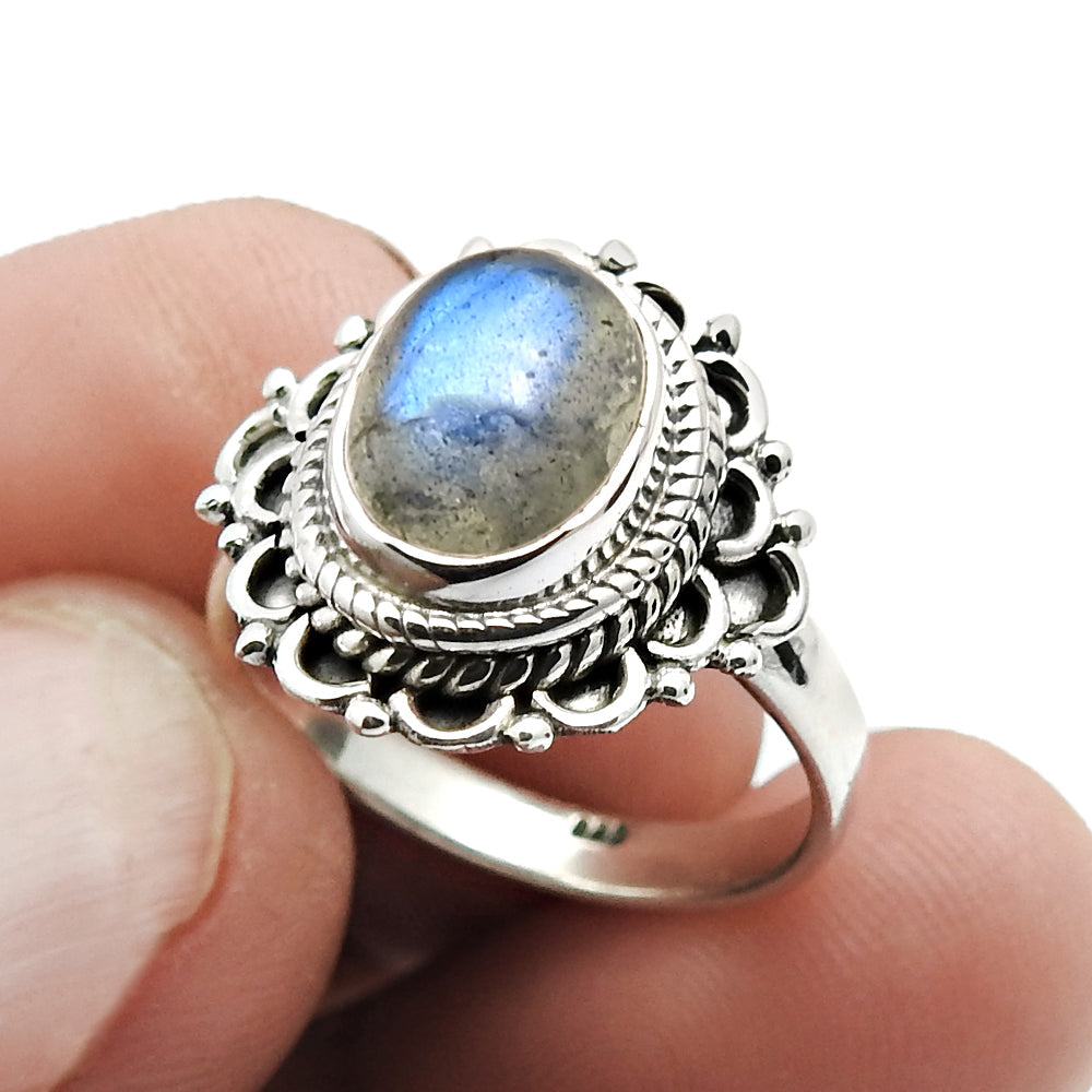 Natural Labradorite Solitaire Tribal Ring 925 Silver For Girls N32