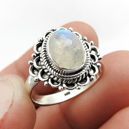 Natural Rainbow Moonstone 925 Silver Cocktail Vintage Ring For Women H14