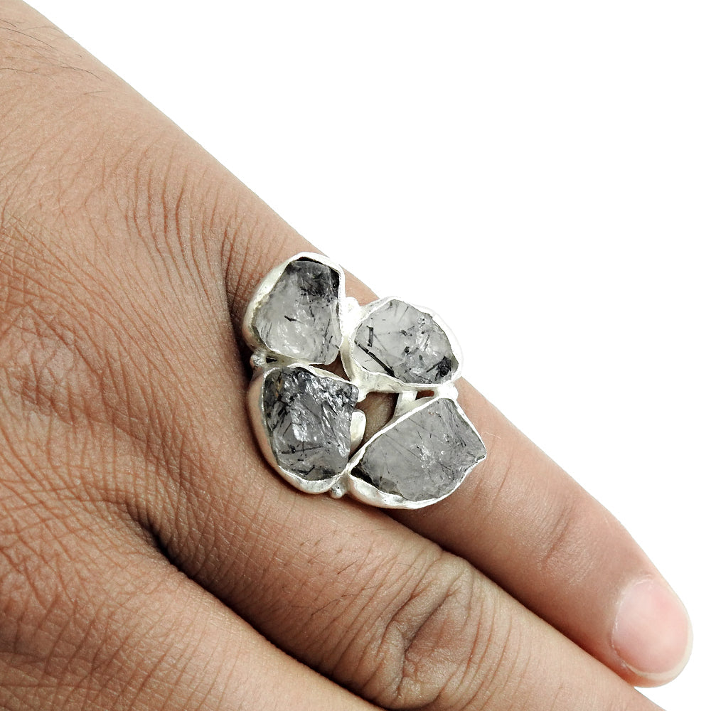 Rough Stone Black Rutile 925 Sterling Silver Cocktail Ring Size 6