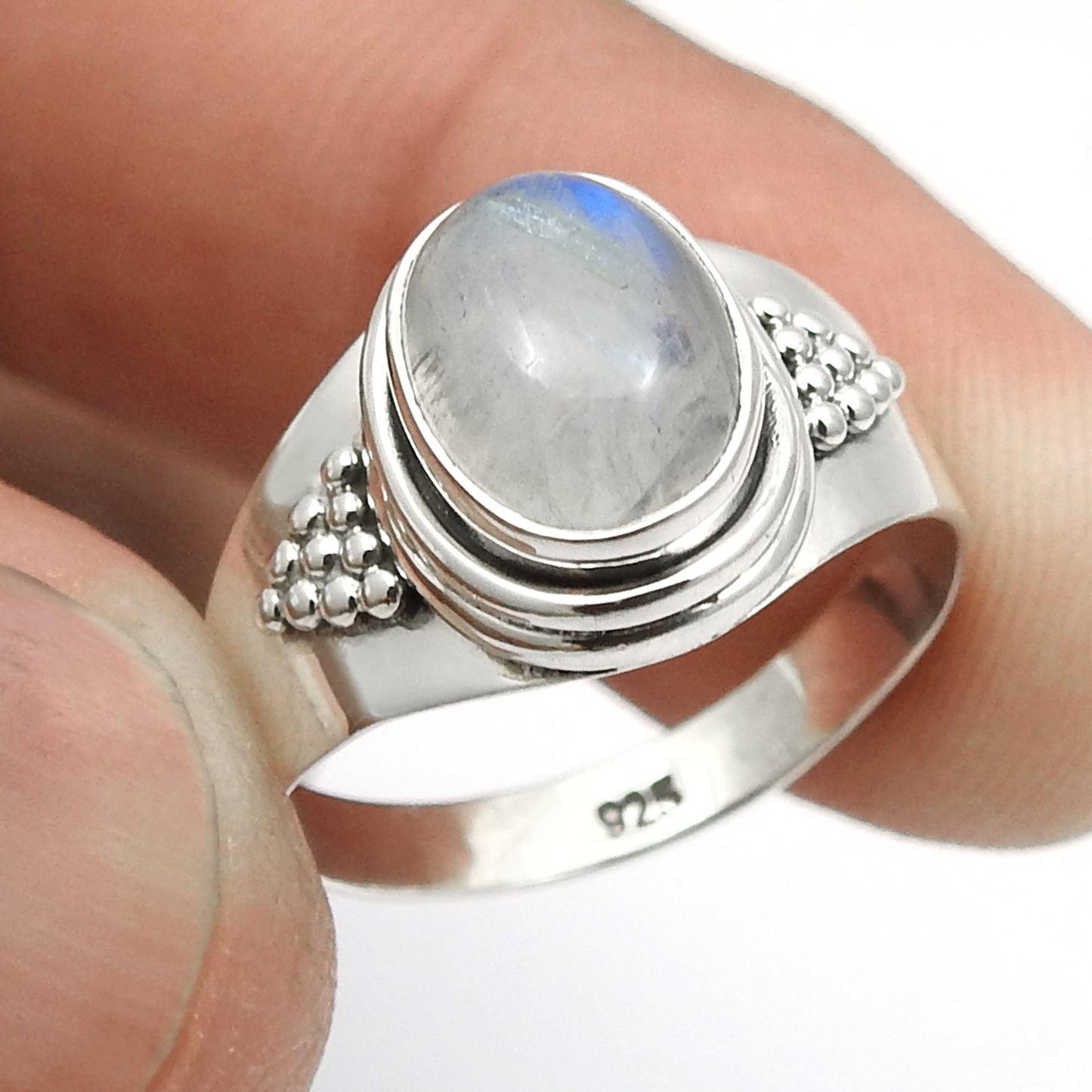 Oval Rainbow Moonstone Stone 925 Silver New Band Boho Crown Chakra Ring