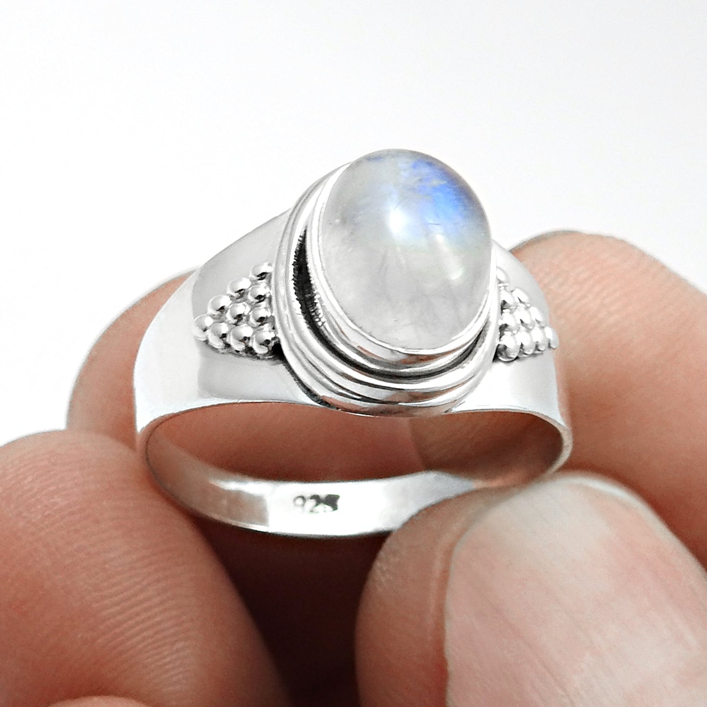 Oval Rainbow Moonstone Stone 925 Silver New Band Boho Crown Chakra Ring