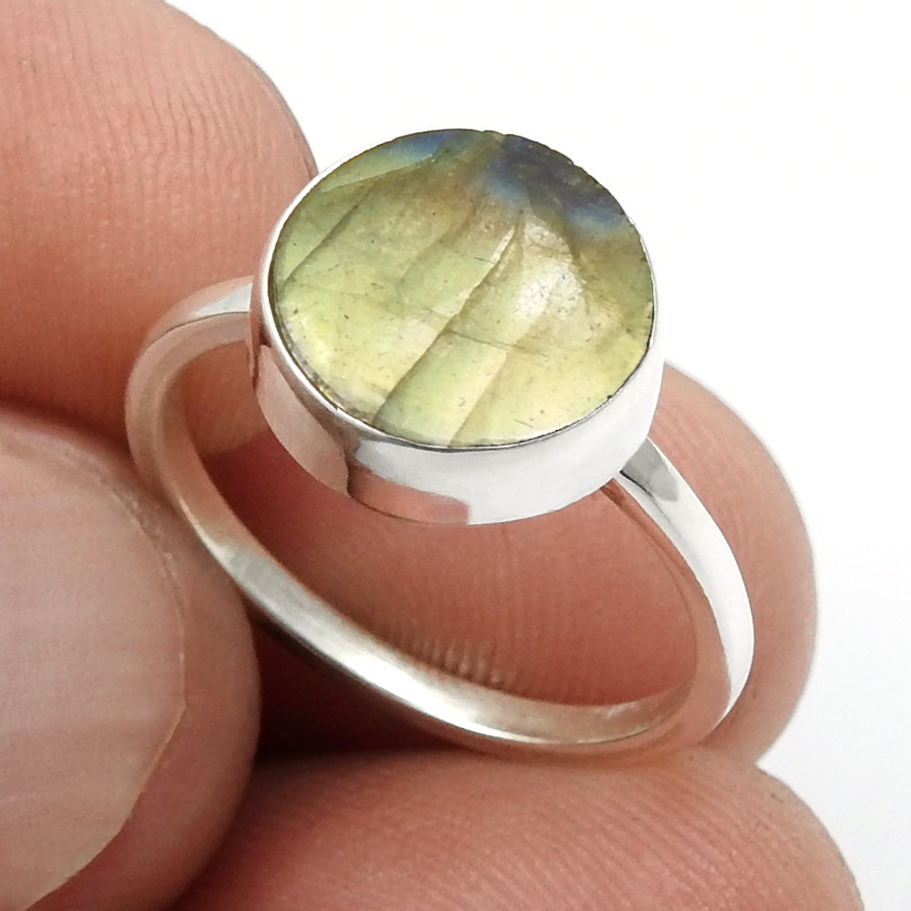 Round Natural Labradorite Sterling Silver Daughter Statement Bezel Ring