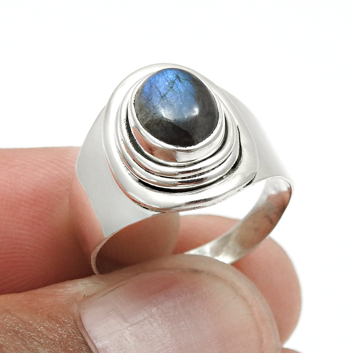 Oval Natural Labradorite Birthday Band Ring Jewelry Solid Sterling Silver