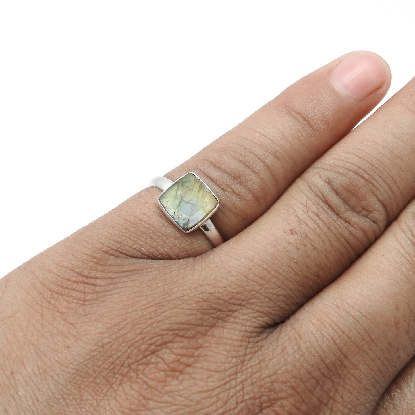 Square Labradorite Gemstone 925 Sterling Silver Band Ring Jewelry