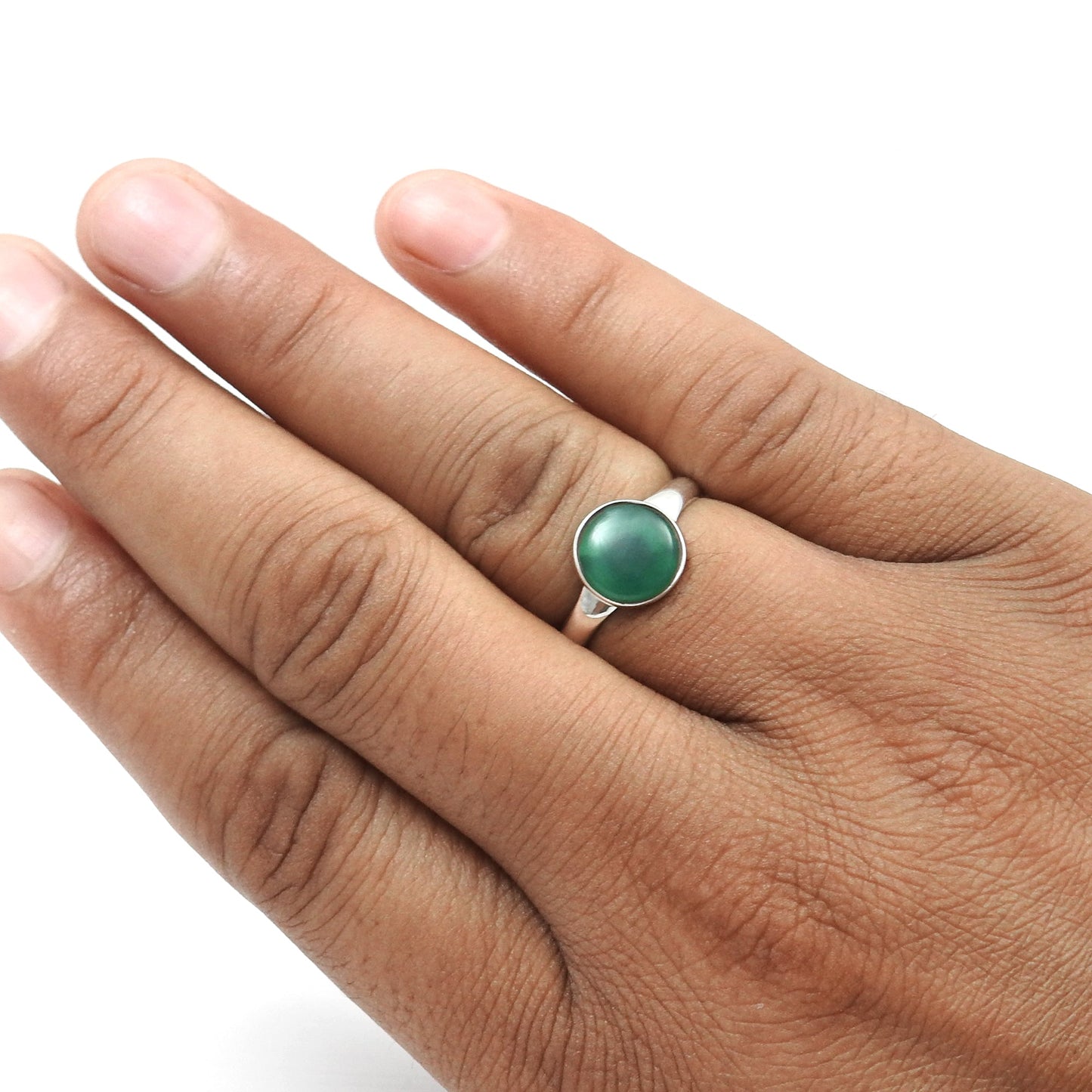 Round Green Onyx 925 Sterling Silver Band Promise Ring Jewelry