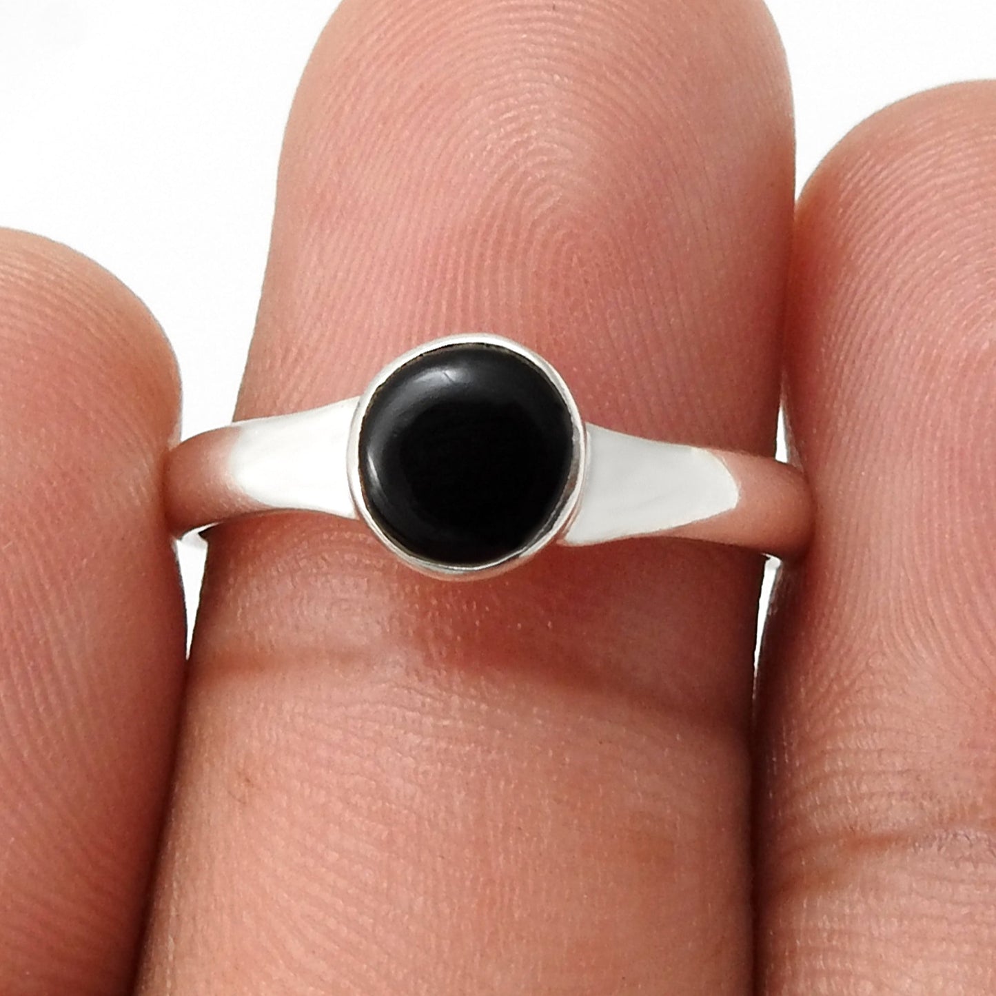 Round Black Onyx 925 Silver Bezel Band Ring Jewelry