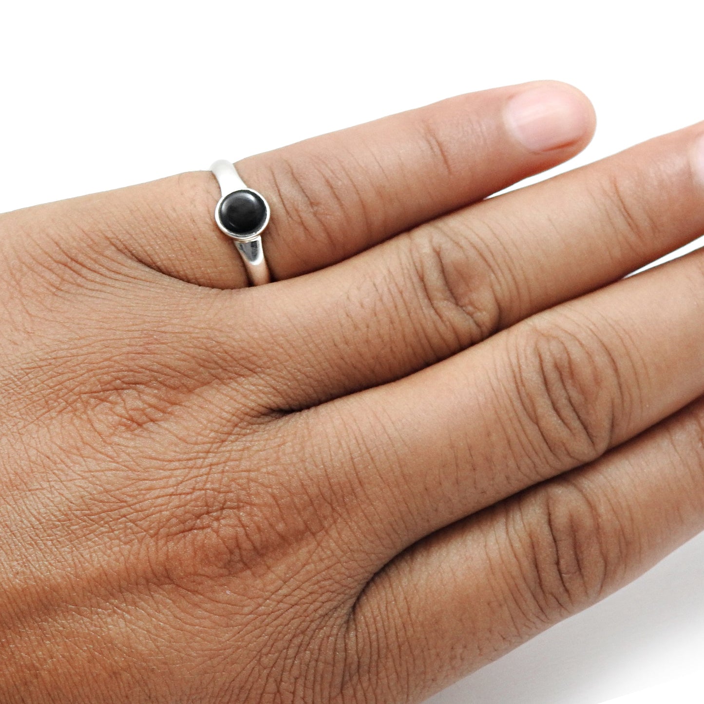 Round Black Onyx 925 Silver Bezel Band Ring Jewelry