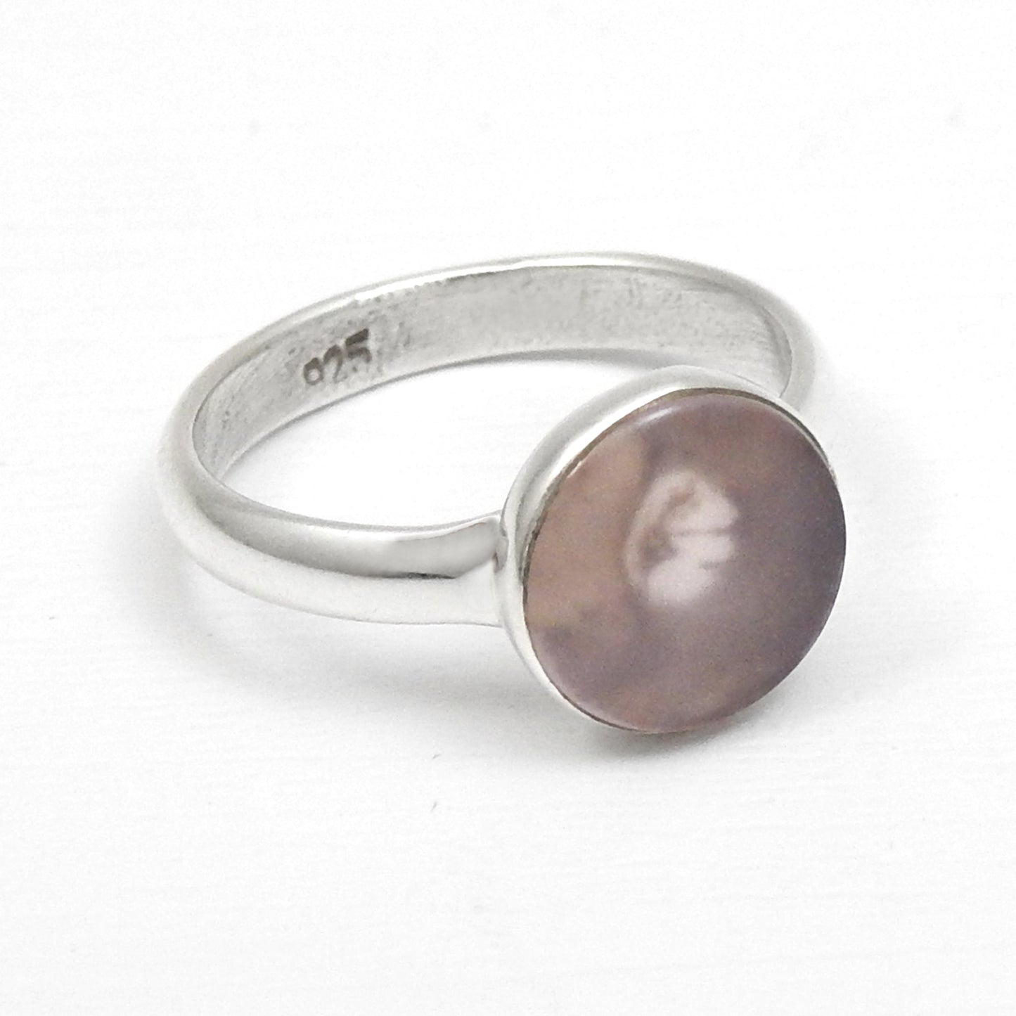 Round Rose Quartz Stone 925 Solid Silver Bezel Band Ring Jewelry