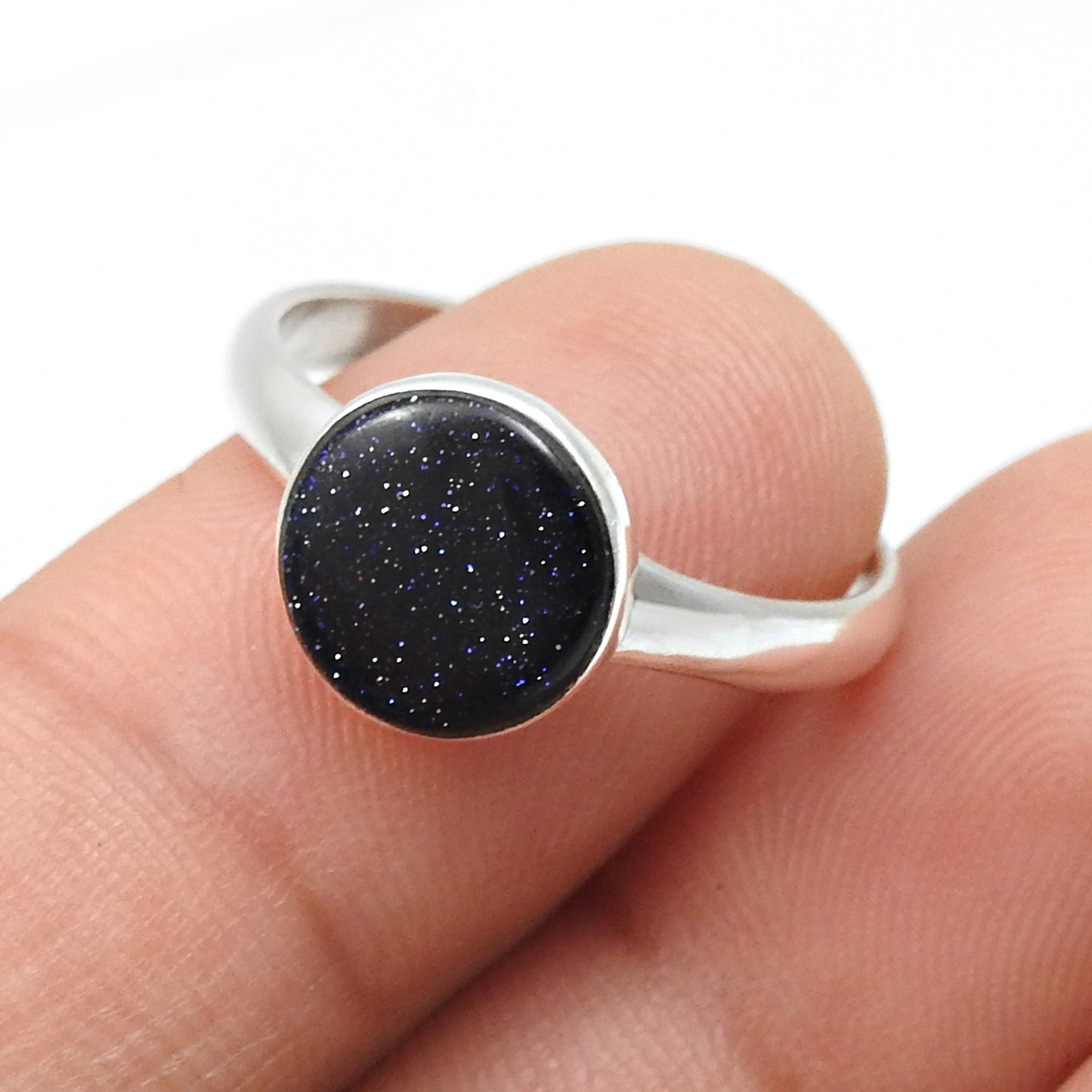 Round Natural Blue Sunstone 925 Silver Bezel Band Ring