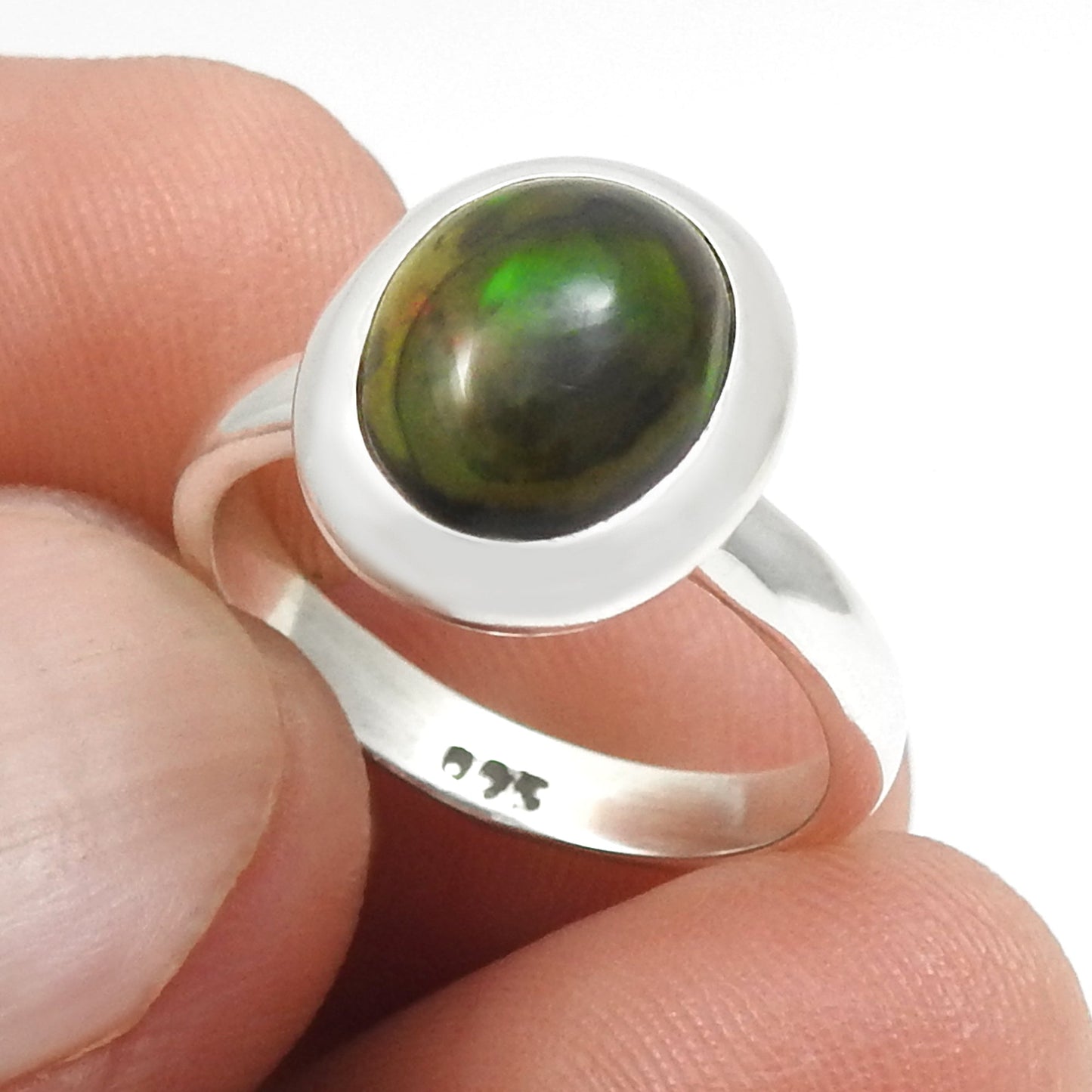 Natural Black Opal Solid Silver Bezel Daughter Band Christmas Gift Ring