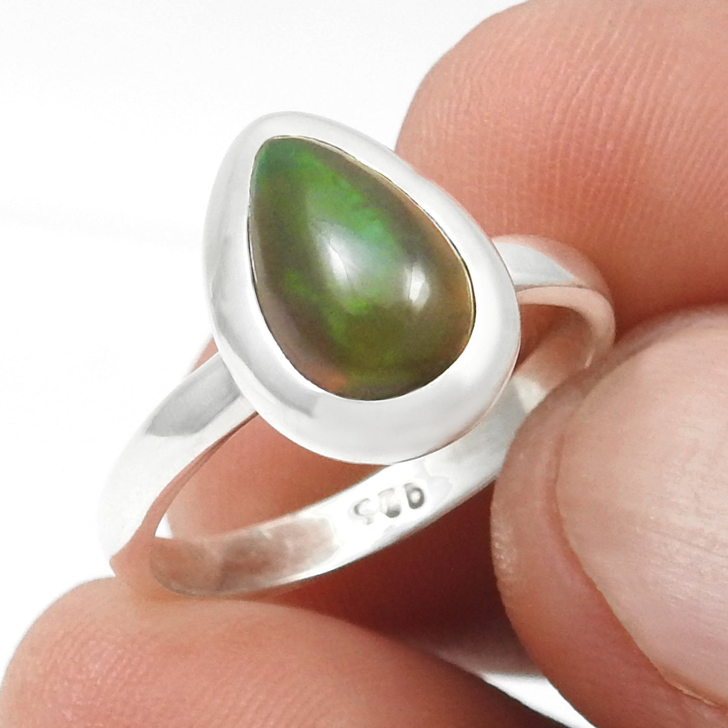 Pear Natural Black Opal Solid Silver Bezel Wife Cocktail Christmas Gift Ring Jewelry