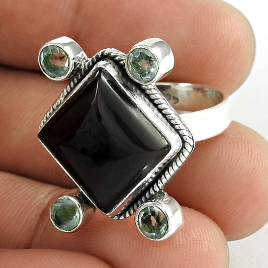 Black Onyx Blue Topaz Gemstone Ring 925 Sterling Silver Vintage Look Jewelry