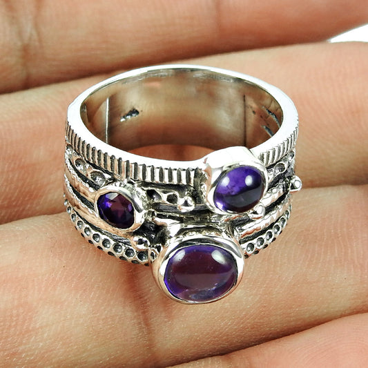 Gift For Woman Natural Amethyst Cocktail Boho Ring 925 Silver Y22