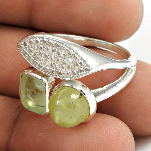 Round Natural Prehnite 925 Sterling Silver Boho Cocktail Daughter Ring