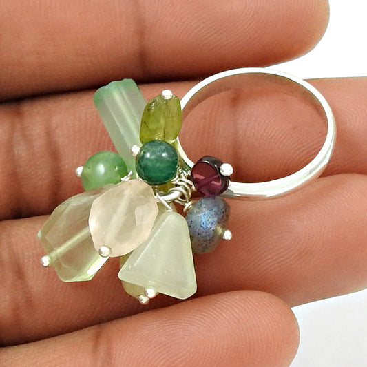 Rose Quartz Garnet Prehnite Green Jade Peridot Labradorite Gemstone Ring 925 Sterling Silver Traditional Jewelry