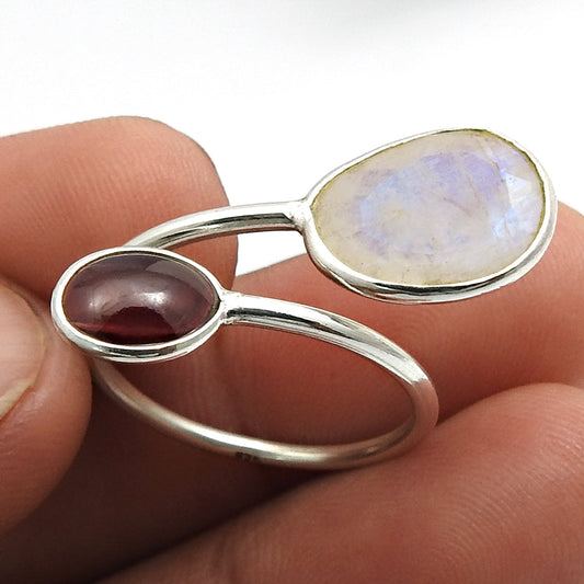 Natural Rainbow Moonstone Statement Open Adjustable Ring 925 Silver R22