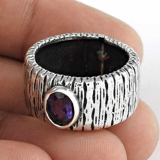 Gift For Woman 925 Silver Natural Amethyst Solitaire Bohemian Ring X88