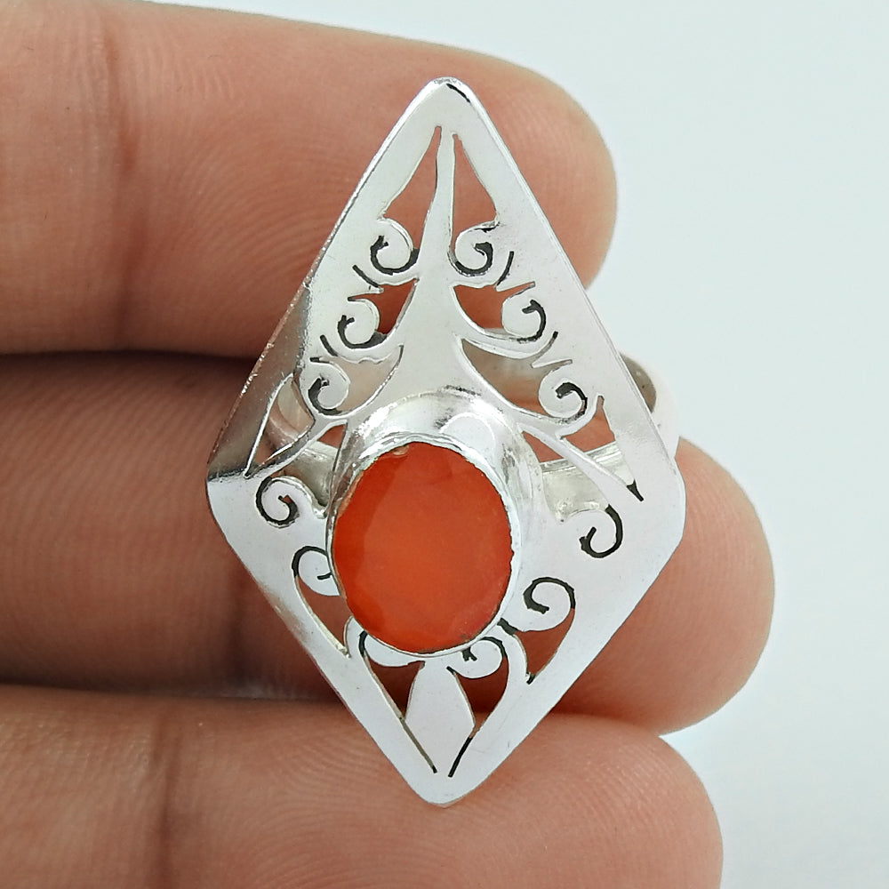 Natural Carnelian Gemstone Solitaire Tribal Ring 925 Sterling Silver W80