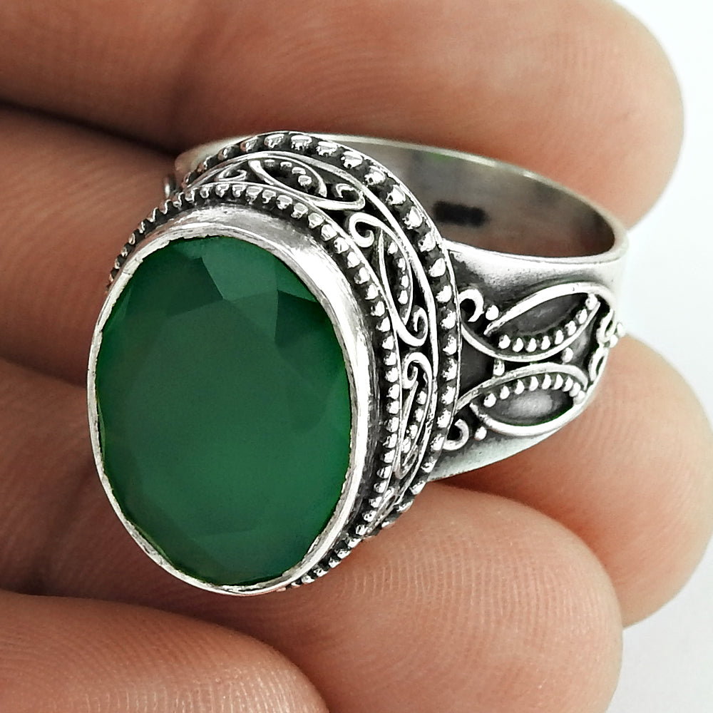 Natural Green Onyx Gemstone 925 Silver Cocktail Ethnic Ring For Girls S32