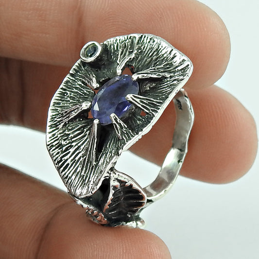 Natural Iolite Gemstone Cocktail Boho Ring 925 Silver For Girls L27