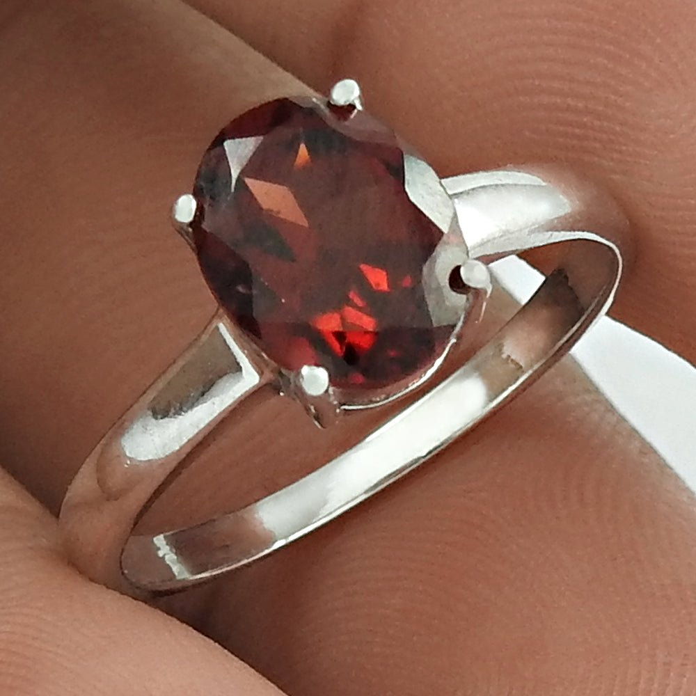 Natural Garnet 925 Silver Solitaire Rhodium Plated Ring For Women O23