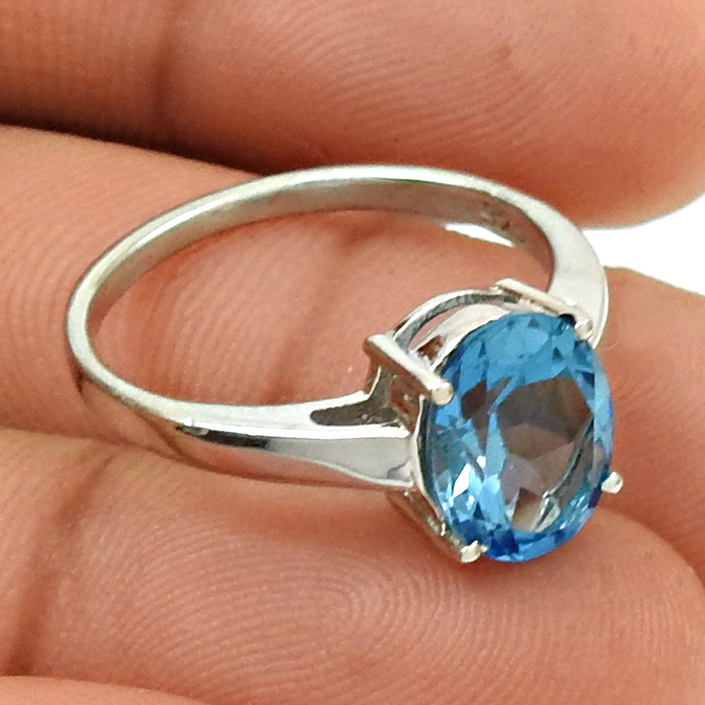 Engagement Ring Natural Blue Topaz Rhodium Plated 925 Silver Ring N28