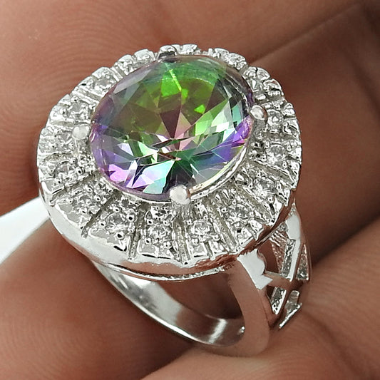 Natural Mystic Topaz Gemstone Cocktail Rhodium Plated Ring 925 Silver N24