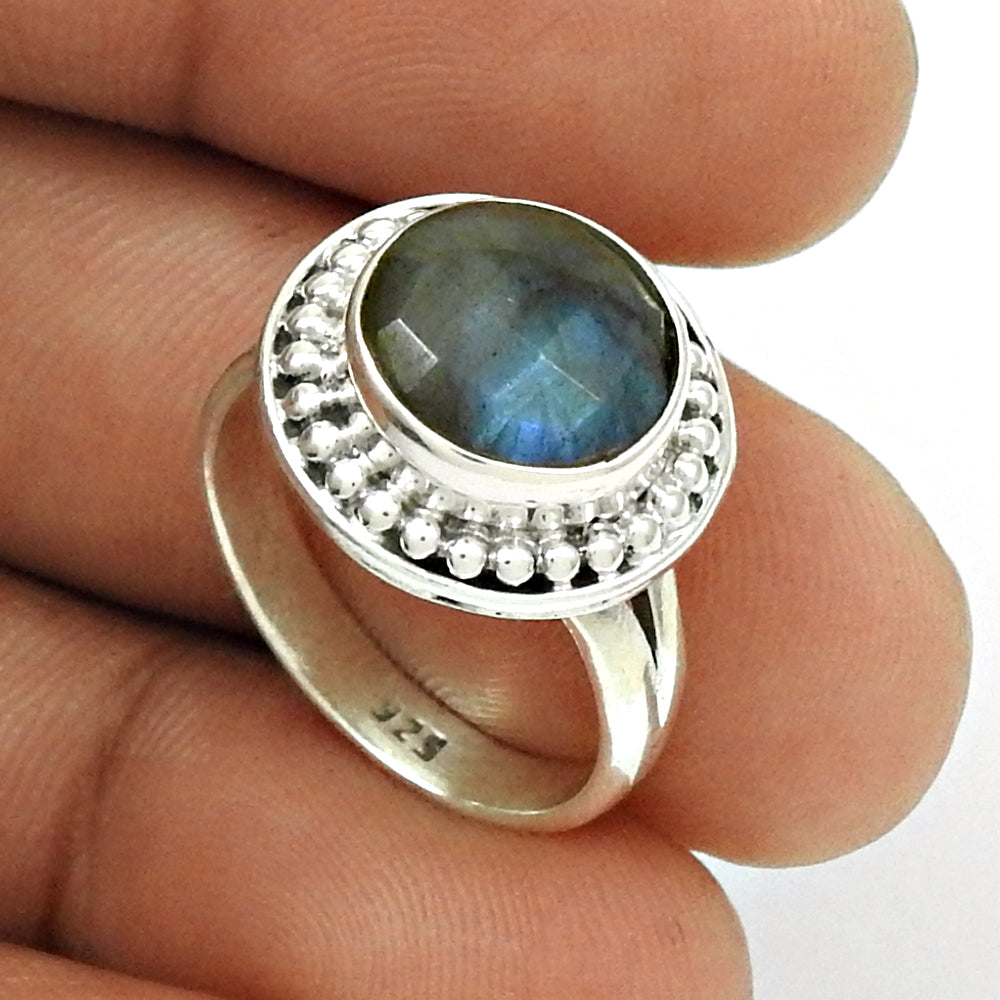 Natural Labradorite Gemstone Solitaire Vintage Blue Ring 925 Silver G31