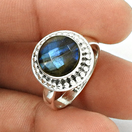 Natural Labradorite Gemstone Solitaire Vintage Blue Ring 925 Silver G31