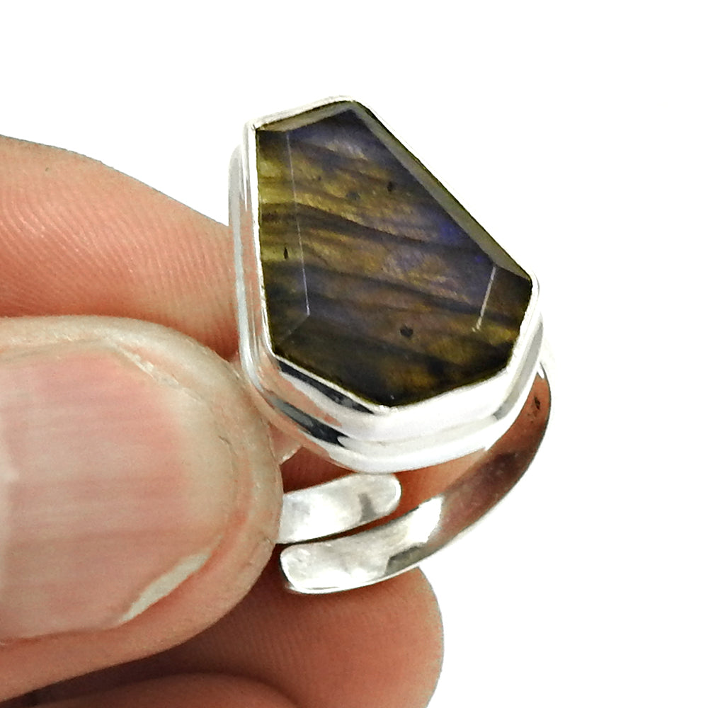 Gift For Woman 925 Silver Natural Labradorite Statement Coffin Ring U28