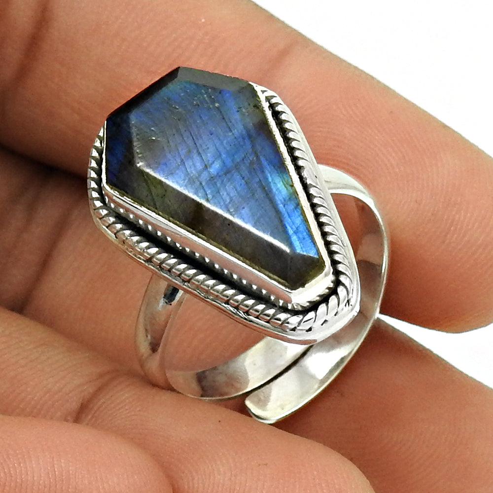 Gift For Woman Natural Labradorite Solitaire Coffin Ring 925 Silver V24