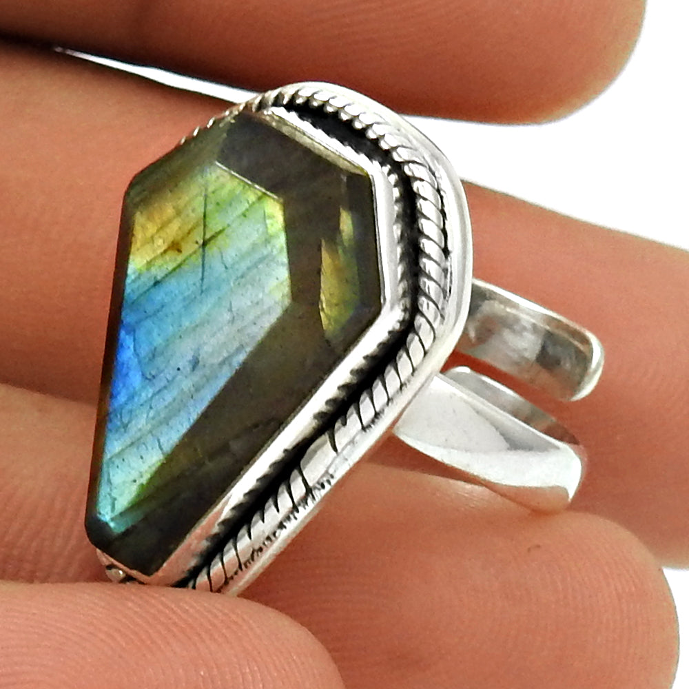 Gift For Woman Natural Labradorite Solitaire Coffin Ring 925 Silver V24