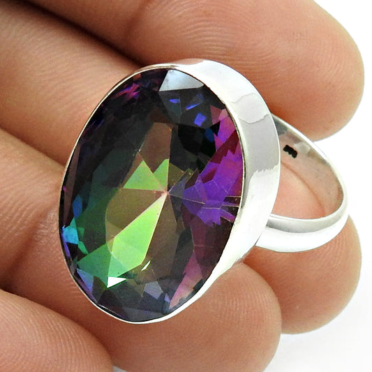 Natural Mystic Topaz Solitaire Ethnic Ring 925 Silver For Women E25