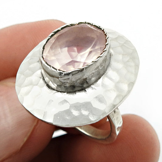 Natural Faceted Rose Quartz Ethnic Ring 925 Silver For Girls