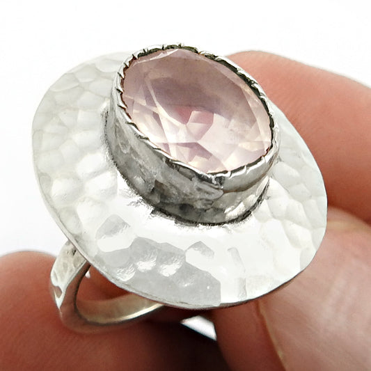 Natural Faceted Rose Quartz Ethnic Ring 925 Silver For Girls