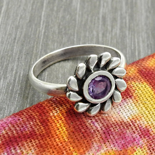 Gift For Her Natural Amethyst Gemstone Flower Ring 925 Sterling Silver S5