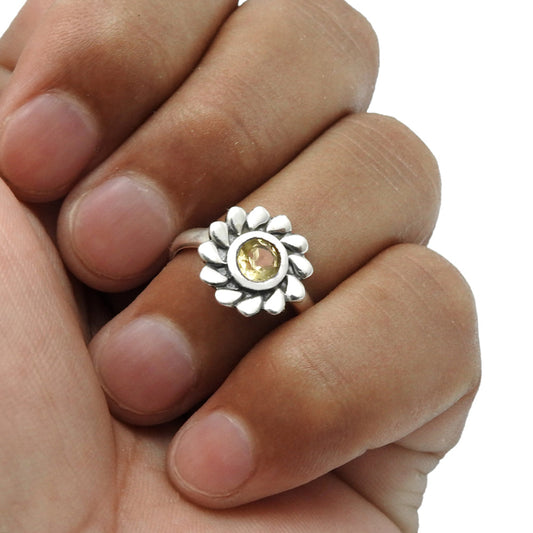 Natural Citrine Gemstone Cocktail Flower Ring 925 Silver For Women H27