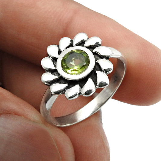 Natural Peridot Gemstone Cocktail Flower Green Ring 925 Silver H24