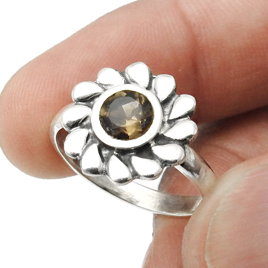 Proposal Ring Natural Smoky Quartz 925 Silver Sunflower Cocktail Ring