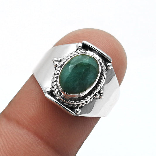 Sterling Silver Heart Chakra Emerald Gemstone Bezel Cocktail Trendy Ring