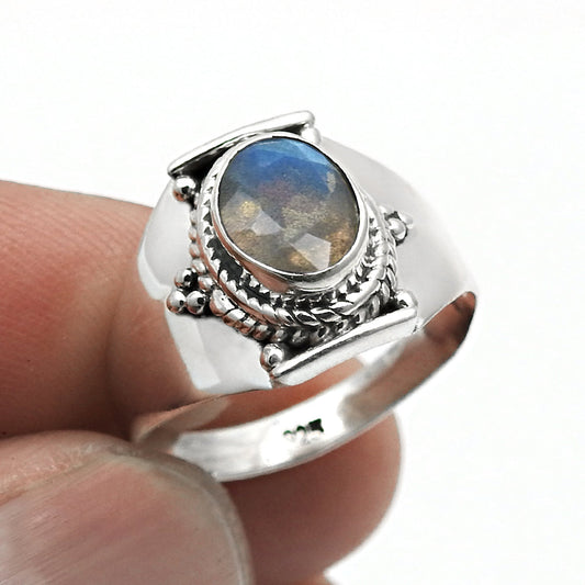 Natural Labradorite Bezel Cocktail Daughter Statement Ring Sterling Silver