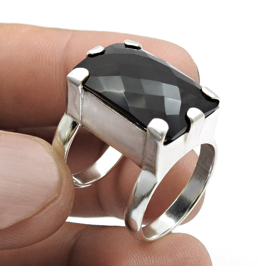 Natural Black Onyx 925 Silver Birthday Gift Band Ring