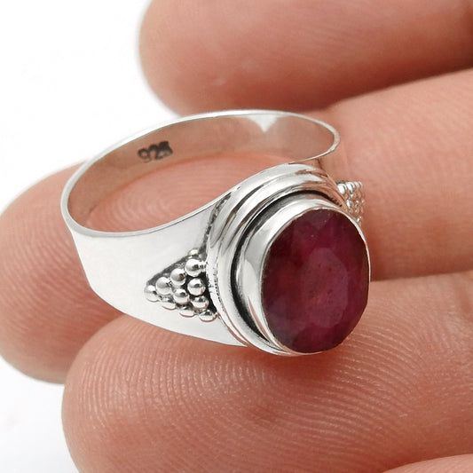 Oval Natural Ruby Daughter Boho Handmade July Band Ring Jewelry 925 Solid Silver