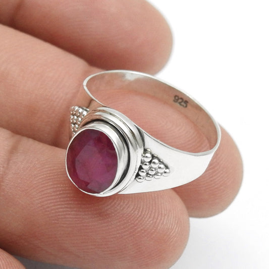 Oval Natural Ruby Daughter Boho Handmade July Band Ring Jewelry 925 Solid Silver