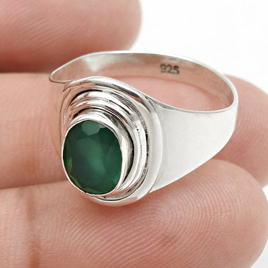 Oval Natural Green Onyx 925 Solid Silver Wedding Bezel Band Ring Jewelry