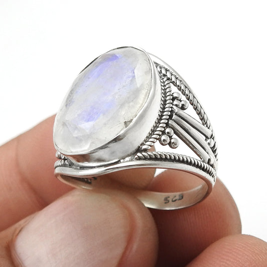 Rainbow Moonstone 925 Sterling Silver Boho Cocktail Ring Size 8.5